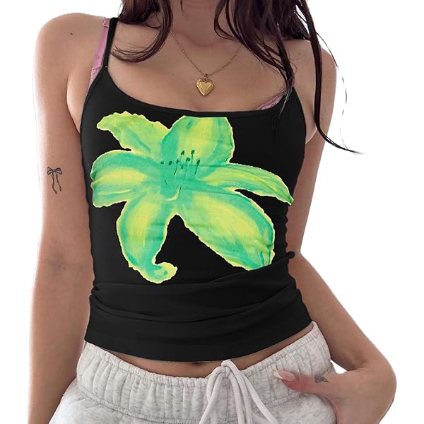 Women Y2k Floral Print Camisole Flower Spaghetti Strap Tank Top
